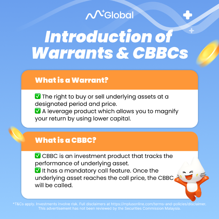 This photo explains on what is warrant and what are the CBBCs. Both instruments are able to trade in our M+ Global APP.Picture